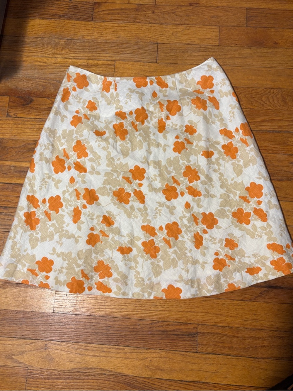 Ann Taylor Cream Linen A-Line Skirt with Orange Floral Pattern